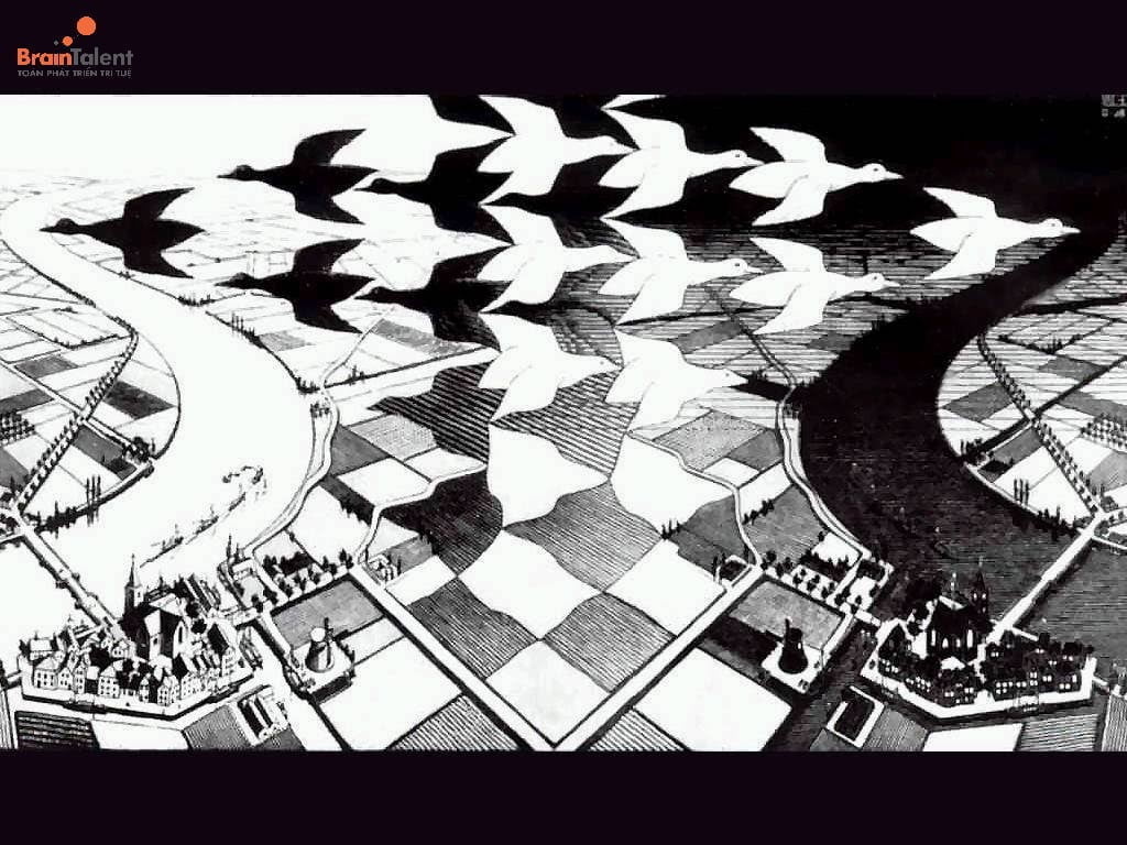 Bức tranh "Ngày và đêm" của Escher giúp nâng cao, phát triển thẩm mỹ bằng toán học online miễn phí cho trẻ